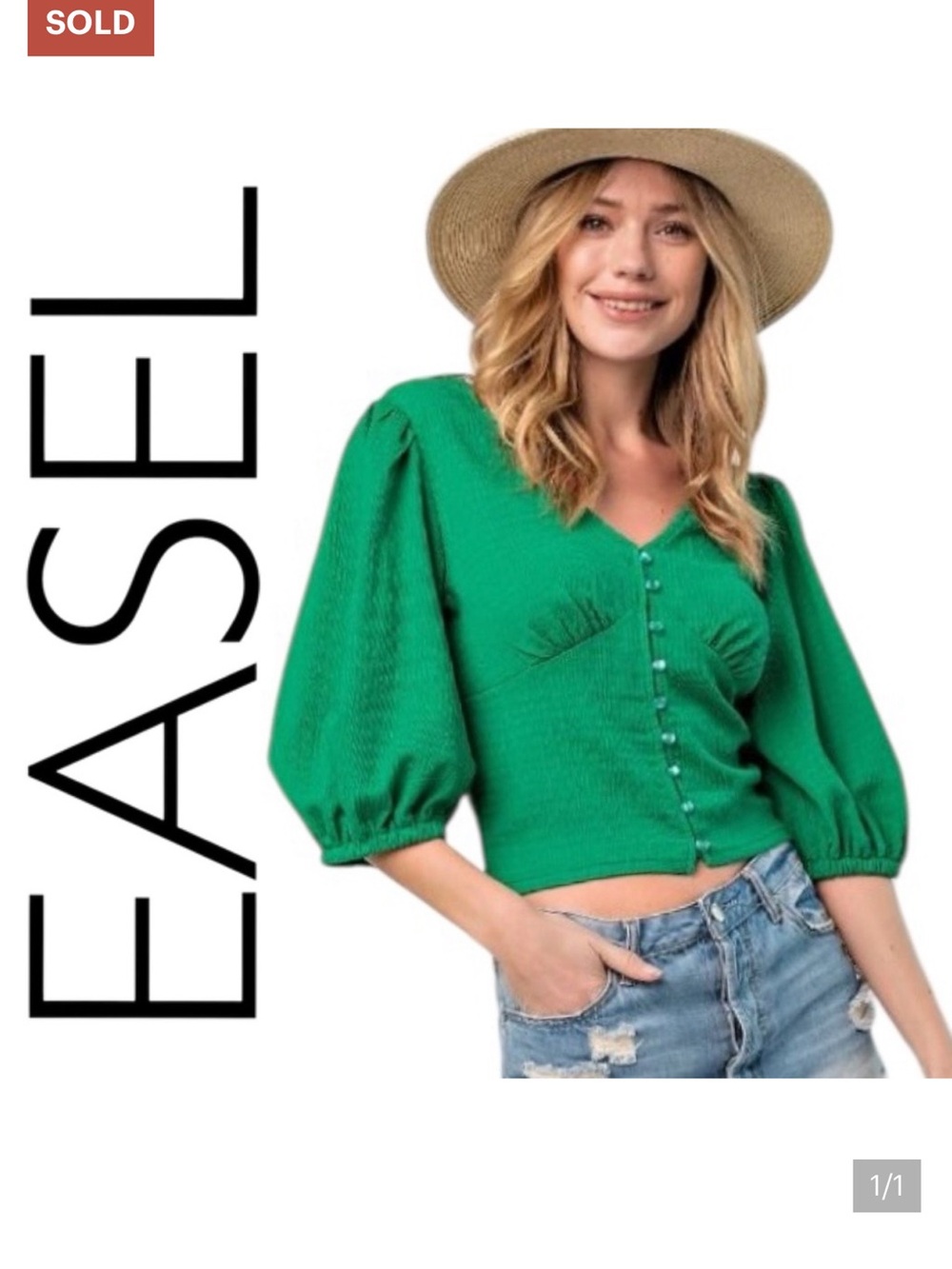 easel Bright Green Puff-Sleeve Cropped Button-Front Top